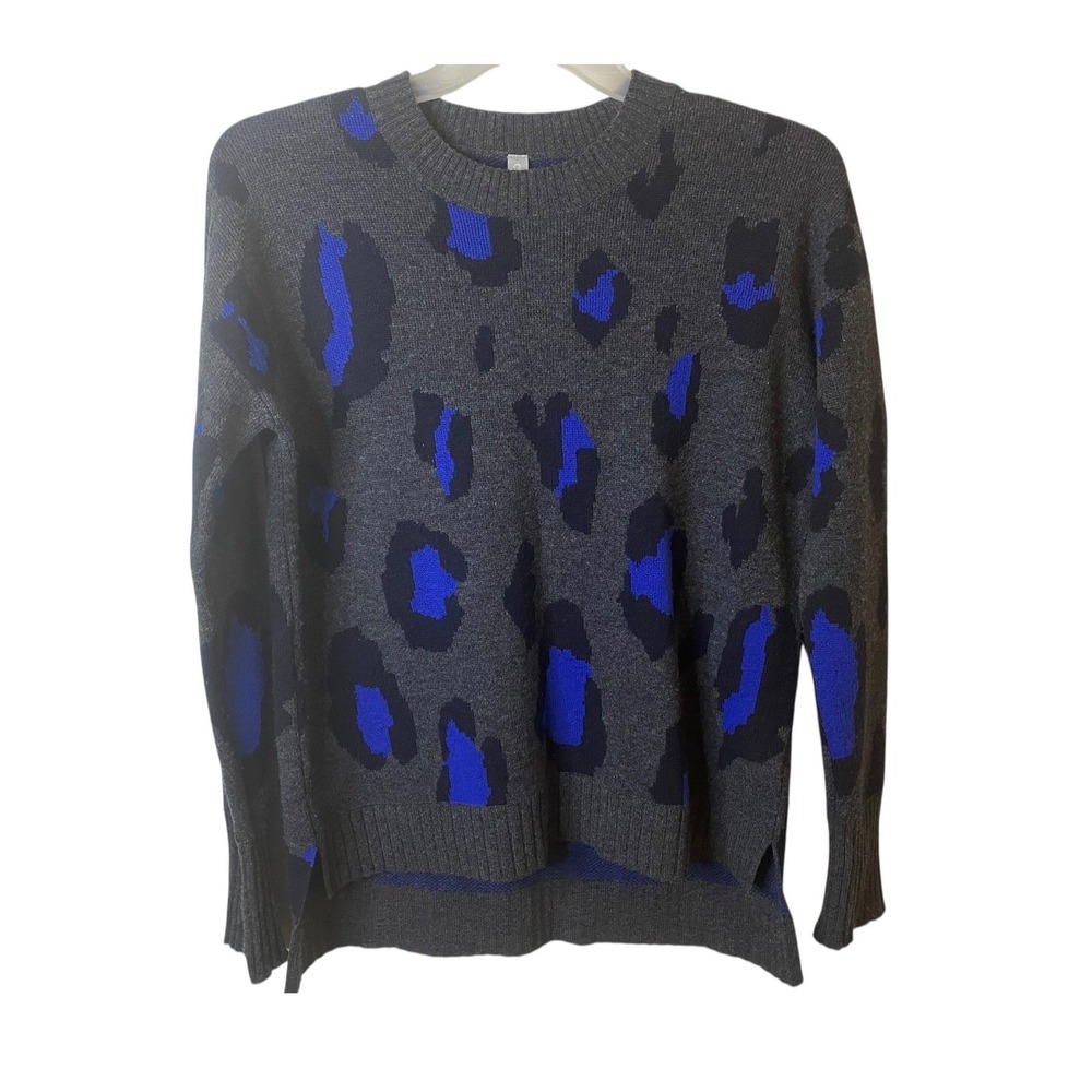 Athleta Women's Gray Blue Leopard Print Wool Cashmere Blend Sweater Medium